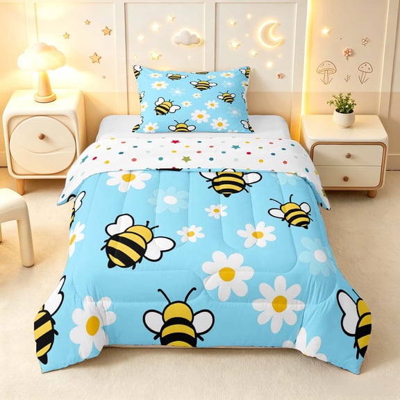 Erosebridal Bohemian Bug Bee Twin Comforter Sets,Retro Floral Bedding Set,Blue White,Polkadot Reversible,2 Pieces,1 Comforter and 1 Pillowcase