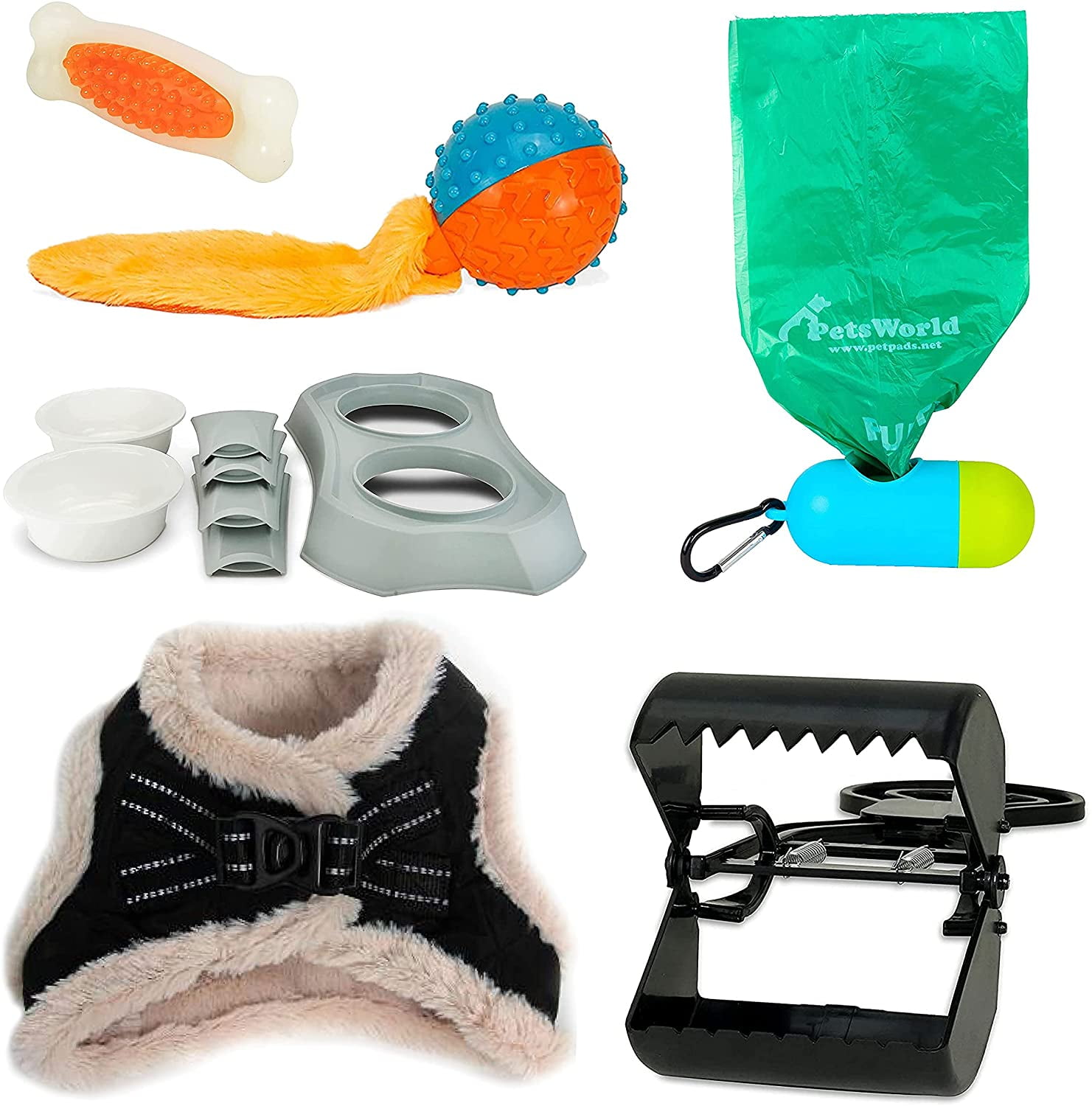 PETSWORLD Pet Starter Kit, Warm Black Harness for X-Small Dogs, Pet Bowl, Dog Ball Toy, Bacon Toy, Pooper Scooper + Dog Waste Bags