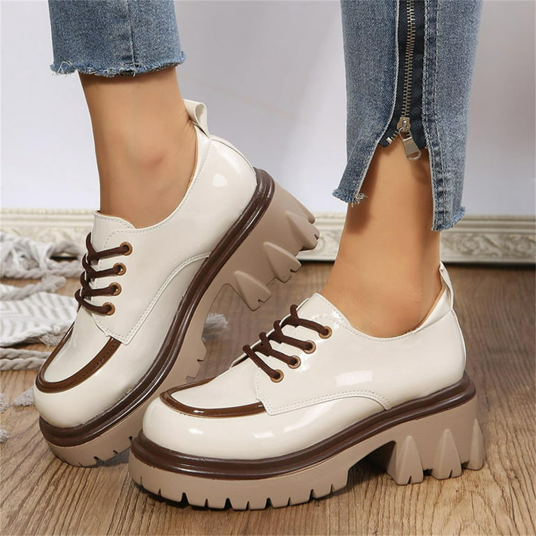 ZHAGHMIN White Flat Women Shoes Ladies British Style Color Matching Leather  Lace Up Thick Heel Fashion Casual Single Shoes Women'S Casual Shoes Size