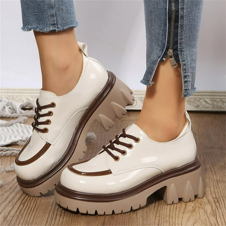

Cathalem Ladies British Style Color Matching Leather Lace Up Thick Heel Fashion Casual Single Shoes Size 9 Womens Summer Shoes White 7.5