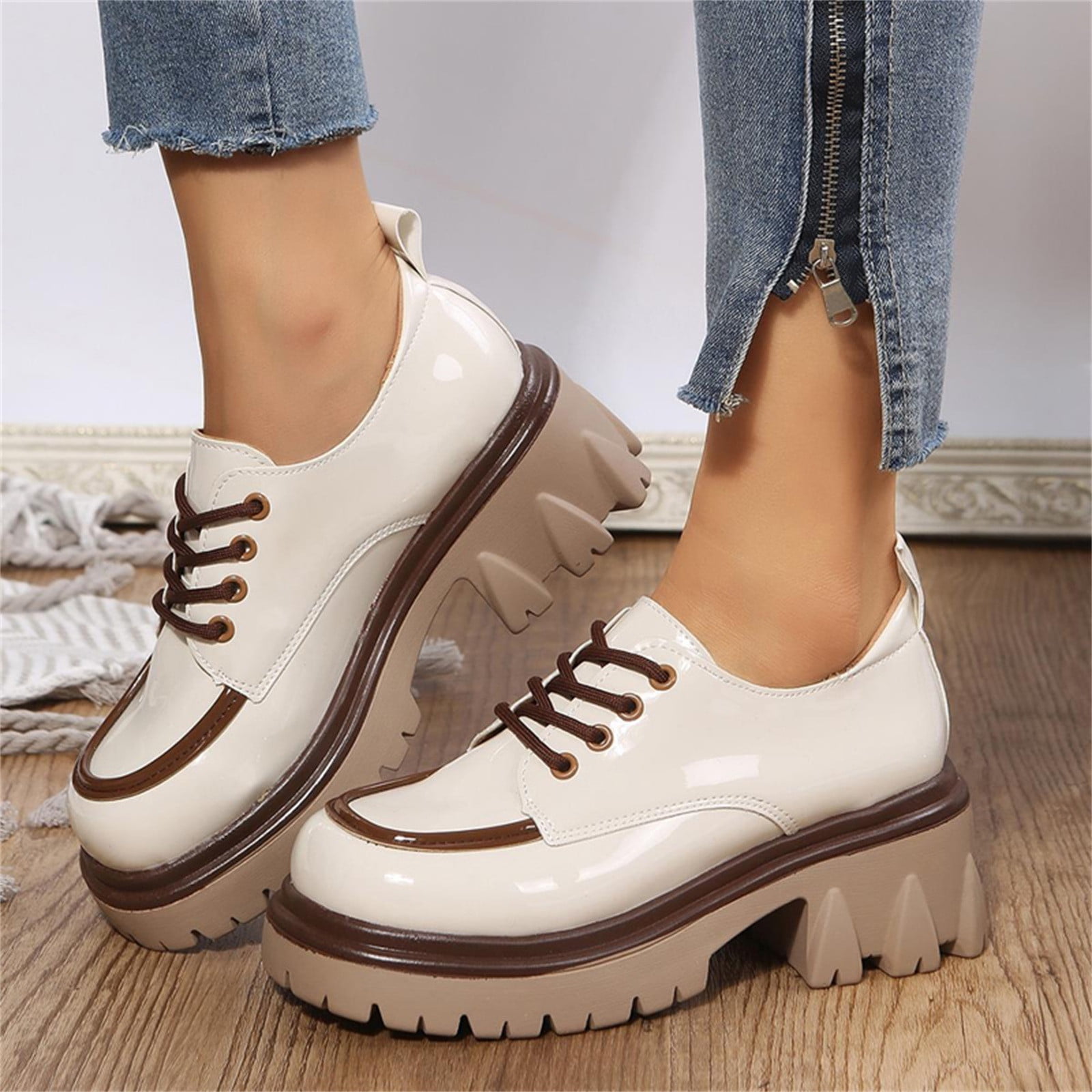 NOKIO Señoras Estilo Británico Color a Juego Cuero con Cordones Tacón Grueso Moda Casual Zapatos Individuales Tacones de Cuña Formales Mujeres con Cordones Tacón Grueso Moda Casual Zapatos Individuales
