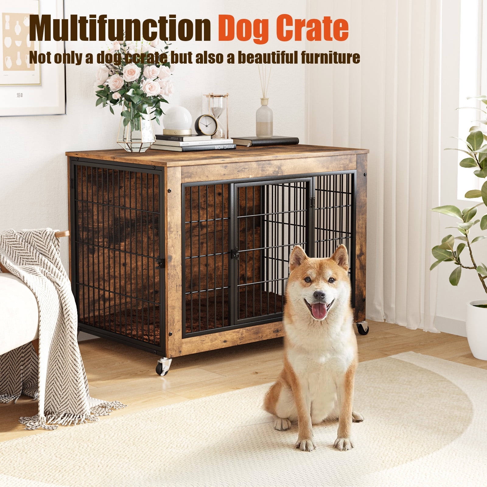 Waleaf Dog Crate Furniture with Cushion, Double Doors Wooden Dog Kennel Indoor with Wheels