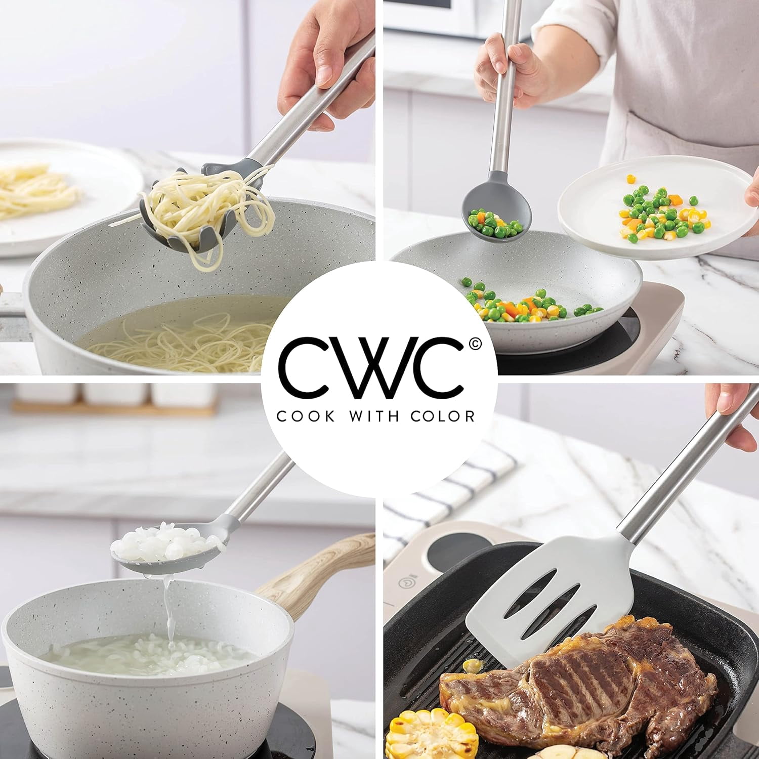 COOK WITH COLOR 5-Pc Cooking Utensils Set Kitchen Gadgets & Essentials, Gray Ombre