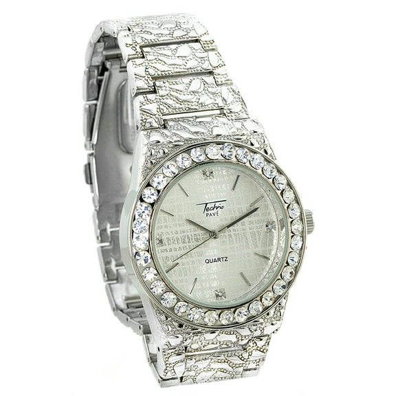 Mens ICEDOUT Silver-Tone nugget Style clubbing watch 44mm 12mm case. CZ bezel, Silver dial, 20mm wide Silver-tone cz nugget Style bracelet fits 8 inches wrist.