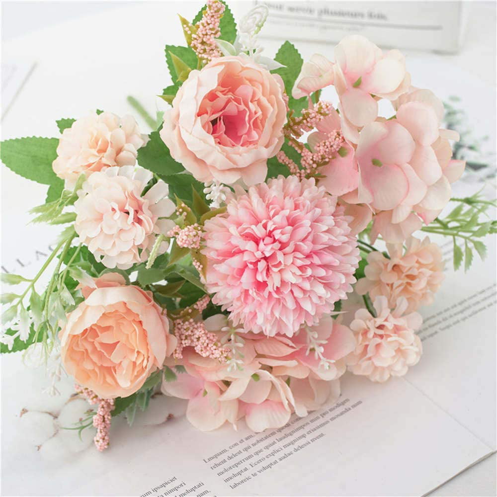 Fake Faux Peony Silk Hydrangea Plastic Carnations Daisy Realistic Flower Arrangements for Wedding Decoration Table Centerpieces for Home Office Party Decor 6 Pack Artificial Flowers Pink