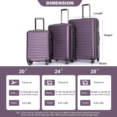 Purple 3-Piece Lightweight ABS Luggage Sets with Spinner Wheels TSA Lock and Two Hooks (20/24/28 inches)