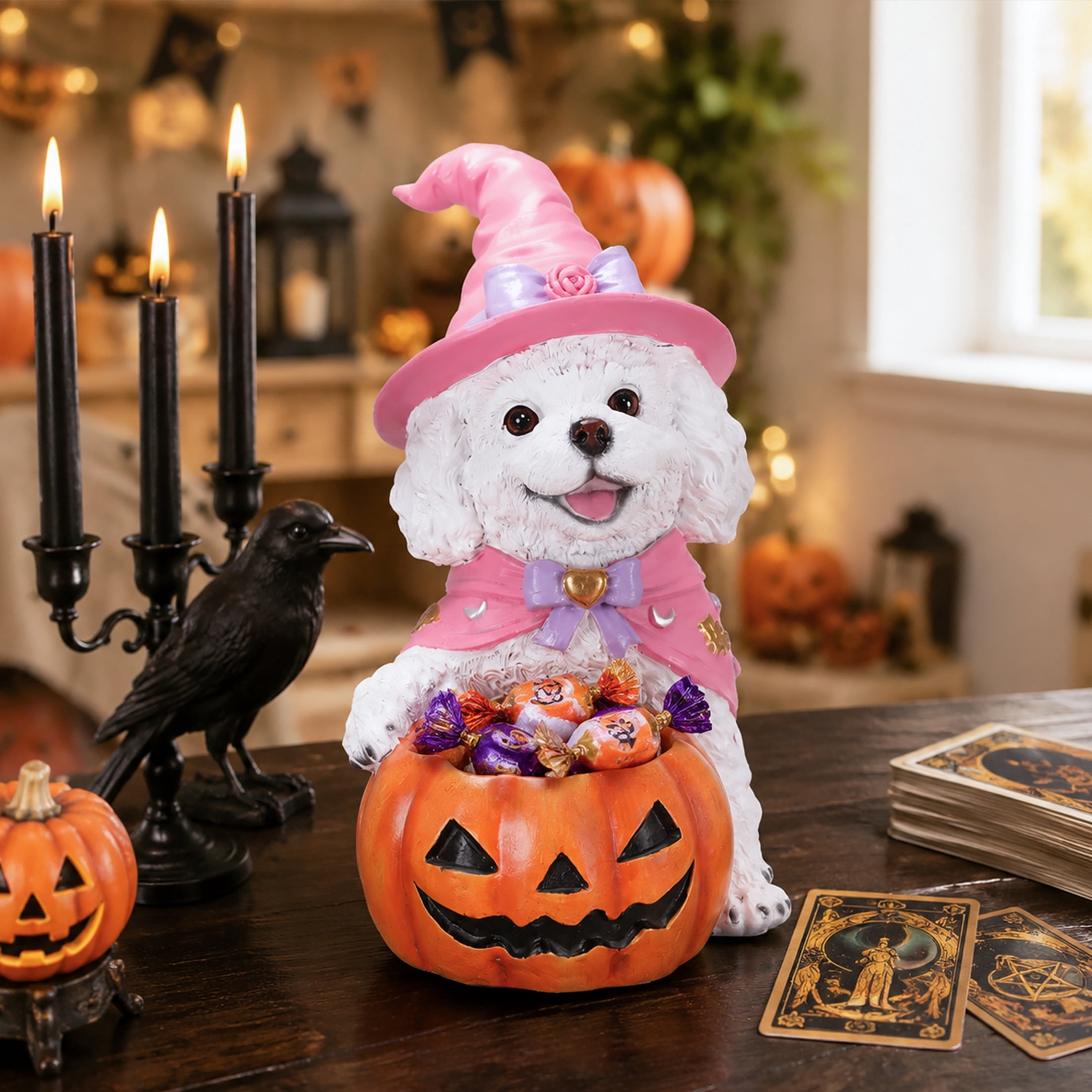 Noble House Halloween Teddy Dog Witch Puppy Figurine with Pumpkin Candy Bowl, Decorative Statue, White