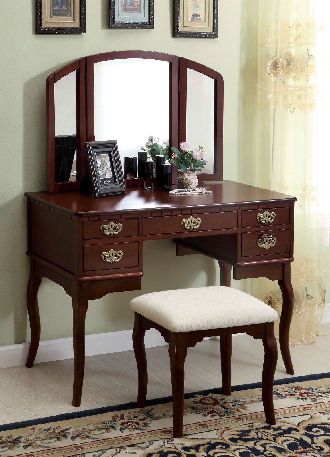 Ashland Tri Folding Mirror Vanity Makeup Table 5 Drawers Queen Ann Bench Cherry Walmart Com Walmart Com