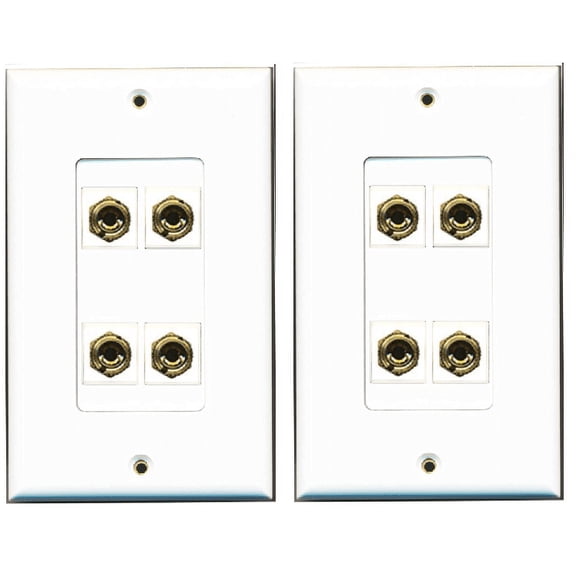 RiteAV Red/Black Banana Jack Decorative White 2 Speaker Wall Plate (for use with terminated Banana Plugs or unterminated Speaker Wire (2 Pack)