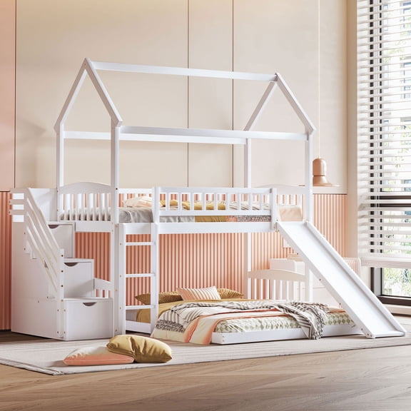 CoSoTower Twin Over Twin Bunk Bed with Two Drawers and Slide, House Bed with Slide, White