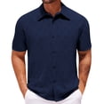 thumbnail image 2 of Men's Solid Color Knitted Shirt Cotton, Casual Knit Button Down Short Sleeve, Open Collar Breathable Top, Office Street Daily Summer Beach Vacation Slim Fit | Zenithor,Navy M, 2 of 6