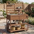 thumbnail image 2 of Mintazer Outdoor 41.7" Rolling Kitchen Island with Sink & Faucet, Garden Potting Bench with Stainless Table Top & 2 Movable Shelves and Bottle Opener, Brown, 2 of 17