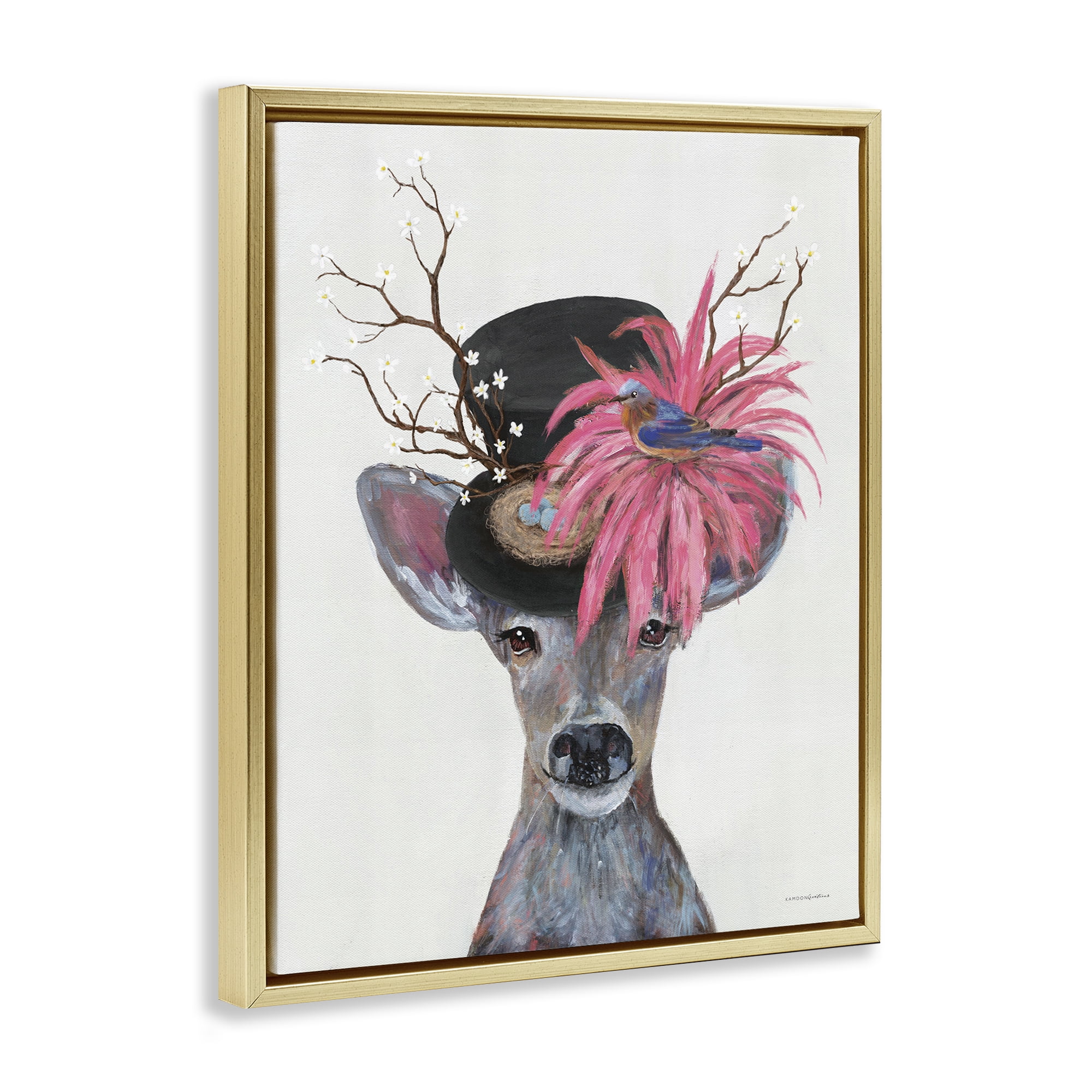 Stupell Industries Deer with Vintage Hat Animals & Insects Painting Gold Floater Framed Canvas Art Print Wall Art, 17 x 21