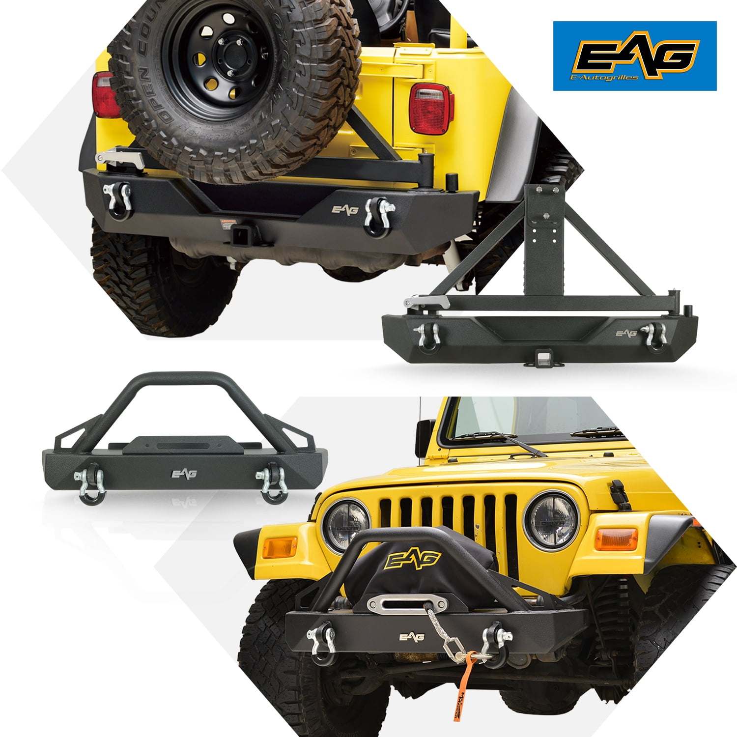 EAG Heavy Duty Front Bumper and Assembled Rear Bumper with Tire Carrier  Combo Fit for 87-06 Wrangler TJ YJ 