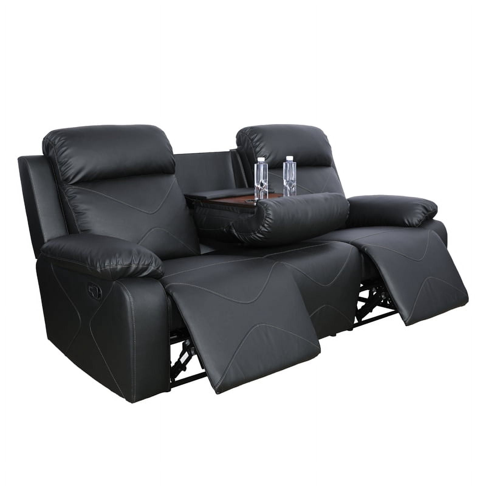 MAYEERTY Reclining Sofa, 3-Seat Breathable Leather Recliner with Reversible Coffee Table for Living Room, Black