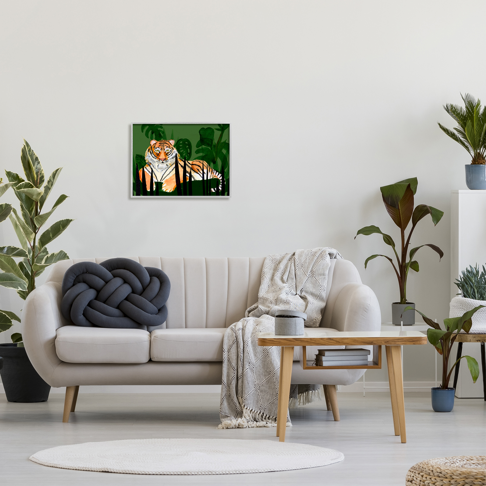 Stupell Tiger Tropical Plants Nature Animals & Insects Painting Gray Framed Art Print Wall Art