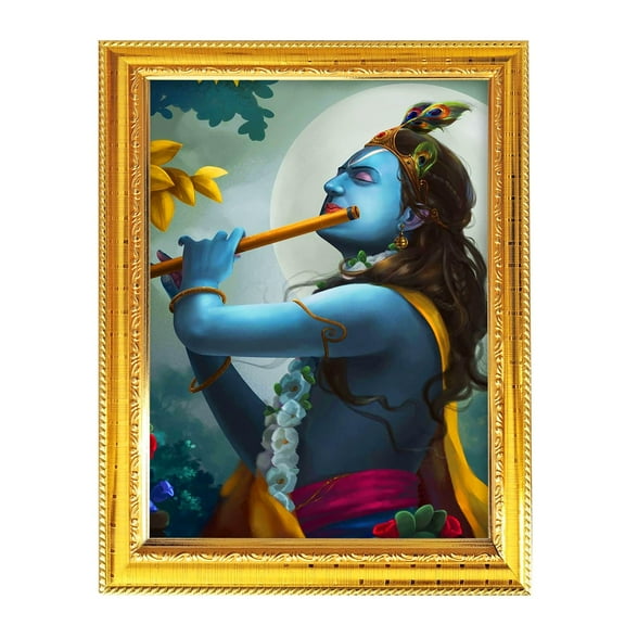 Hare Krishna Spiritual Religious Photo with Golden Kanhaji Poster Frame Indian Puja Worship 8.3X6.5"
