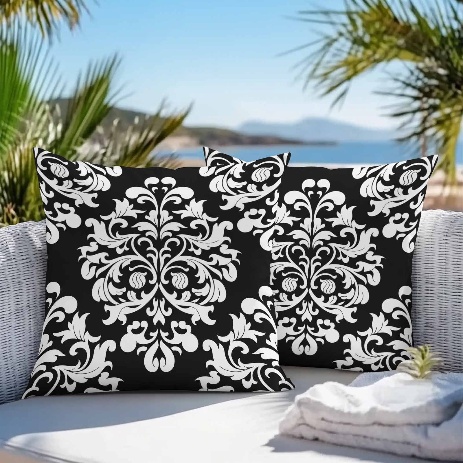 Baroque Black Outdoor Pillow Covers 16x16 Inch Throw Pillow Covers Set of 2 Waterproof Decorative Pillow Cases Vintage Damask Classic Floral Cushion Covers for Patio Furniture Garden Couch Sofa