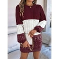 thumbnail image 6 of Women'S Autumn Winter Elegant Patchwork Lantern Sleeve Cable Knit Sweater Dress Wine Red L, 6 of 7