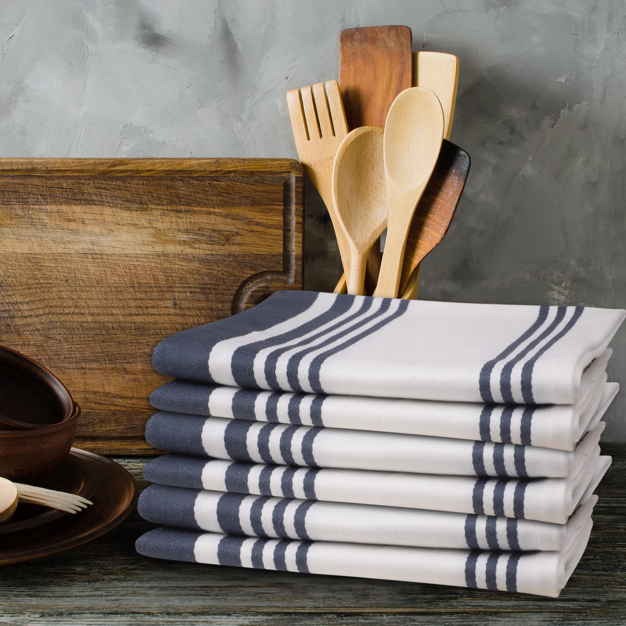 Urban Villa Kitchen Towels 100% Cotton Pack of 6, Highly Absorbent Quick Drying Super Soft Premium Dish Towels for Kitchen with Hanging Loop Hand & Tea Towels - 20x30 Inch, (Blue & White, Striped)