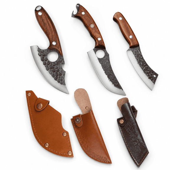 3 Piece Hand Forged Chef Knife Set, Full Tang Wood Handle Knives with Leather Sheaths for Meat BBQ