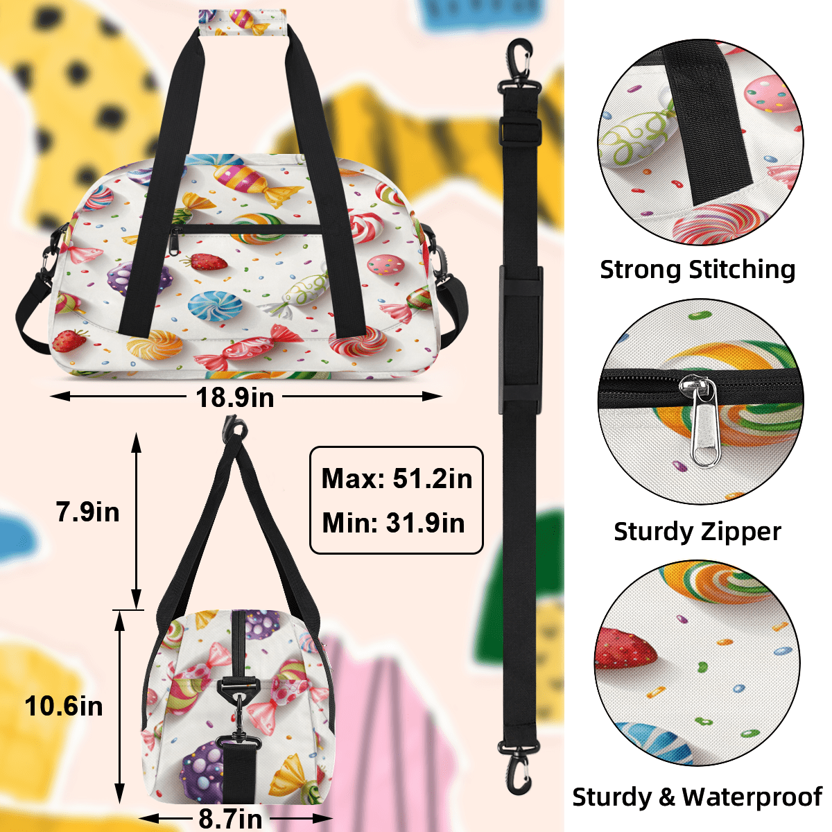 Herdesigns Candy Sports Duffle Bag for Women & Men, Colorful Candy Gym Bag Dance Bag Overnight Bag Carry On Weekender Travel Bag