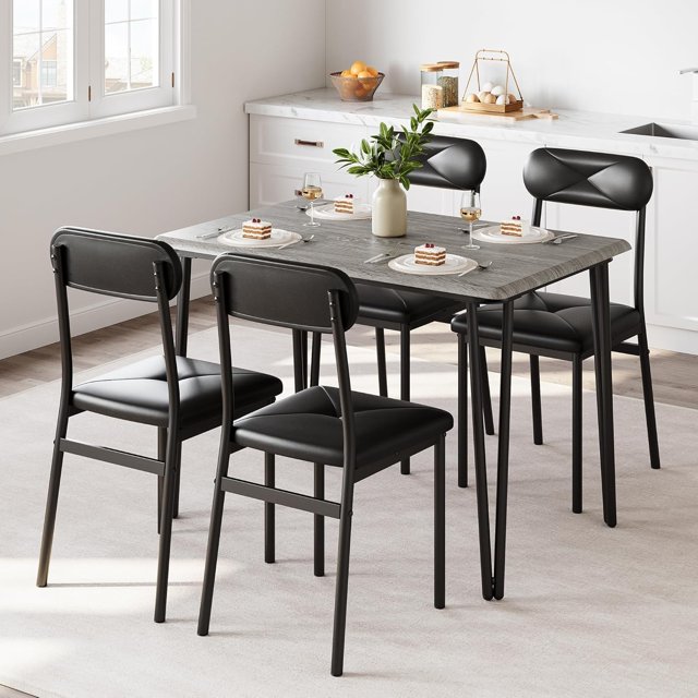 5-Piece Dining Set for 4 with Upholstered Chairs, Rectangular Wood Table in Grey for Small Spaces & Apartments