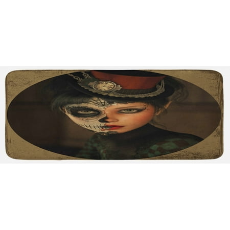

Sugar Skull Kitchen Mat Antique Portrait Girl with Calavera Inspired Makeup and Topper Realistic Design Plush Decorative Kitchen Mat with Non Slip Backing 47 X 19 Multicolor by Ambesonne