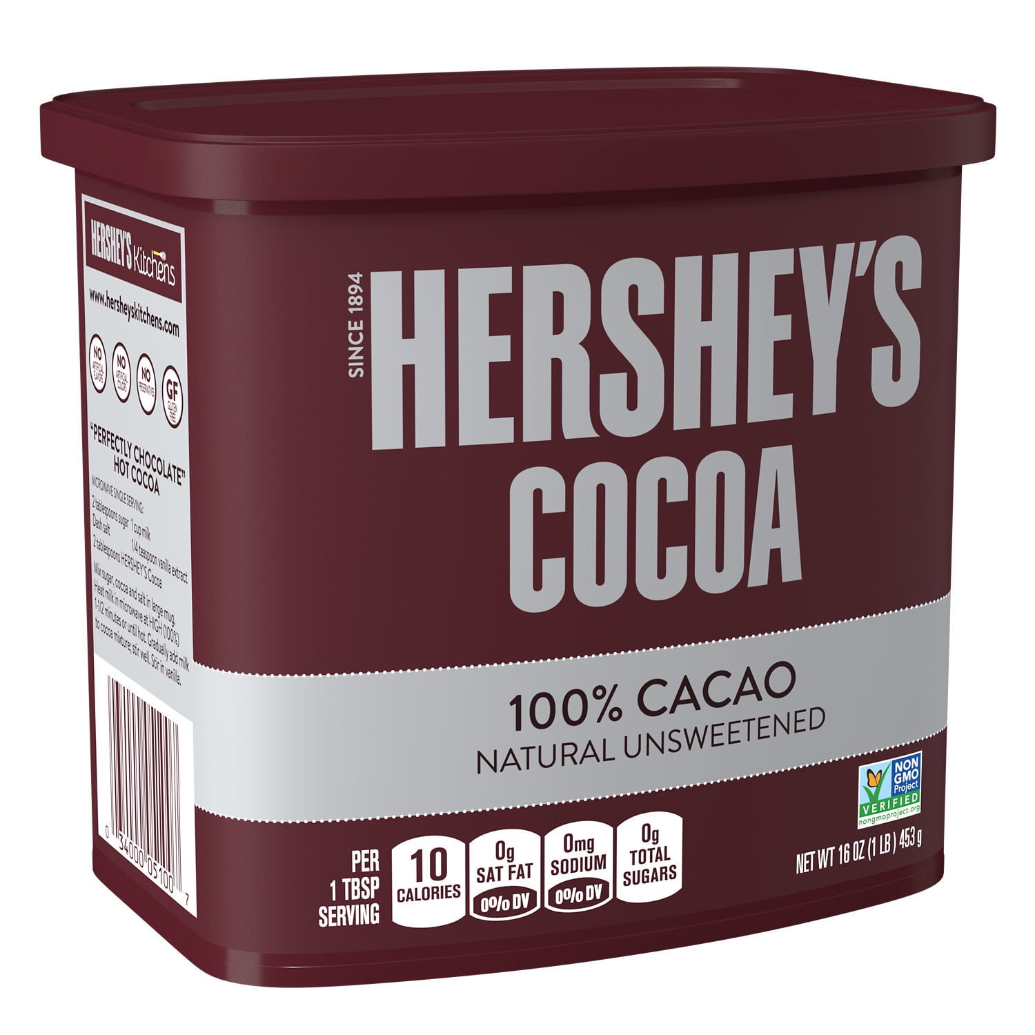 HERSHEY'S Naturally Unsweetened Ingredients, Gluten Free Baking Supplies Sugar Free Cocoa Container, 16 oz