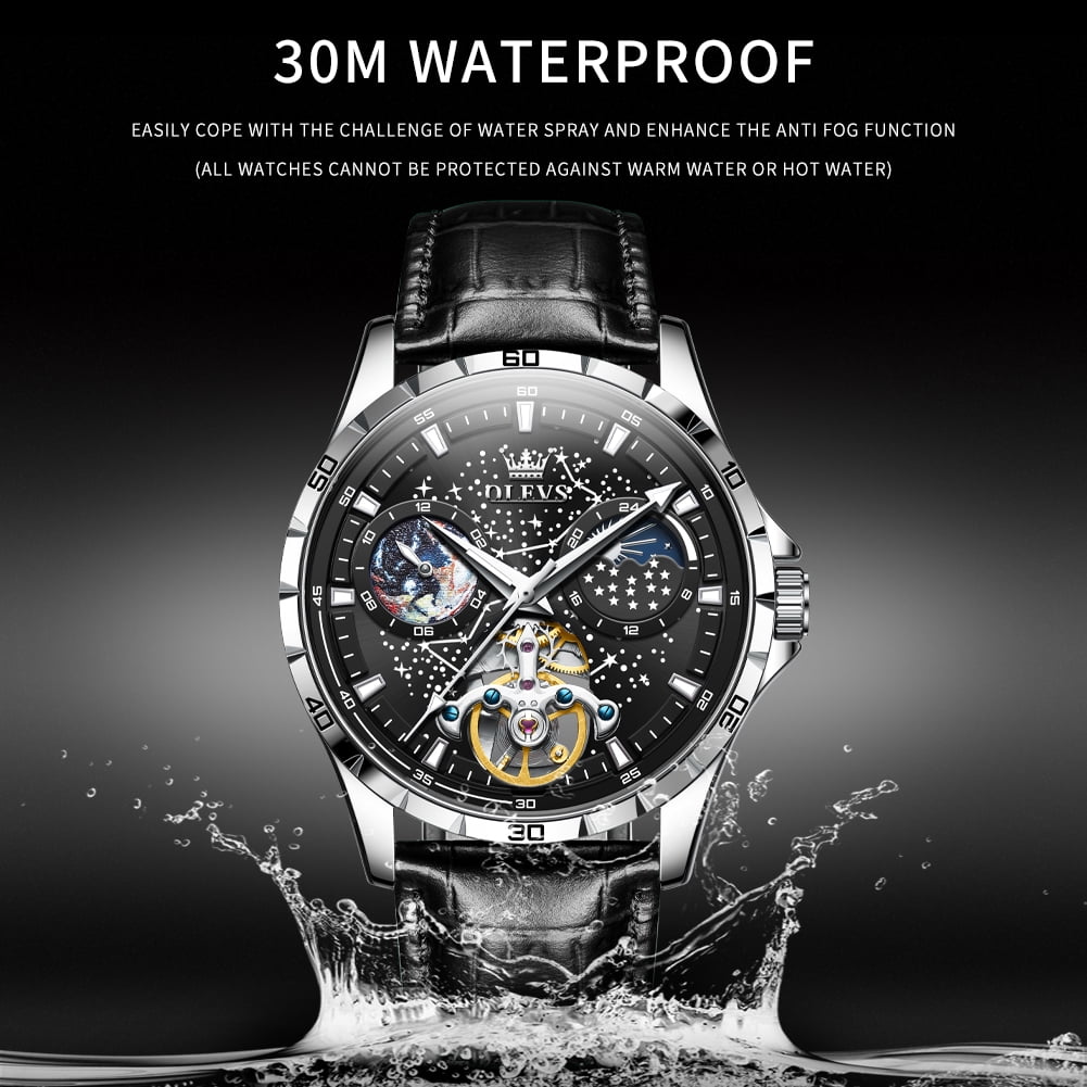 OLEVS Automatic Watches for Mens Starry Sky Skeleton Tourbillon Self Winding Mechanical Moon Phase Luminous Waterproof Luxury Dress Mens Wrist Watches Gifts Reloj Para Hombre Black/Blue/Green