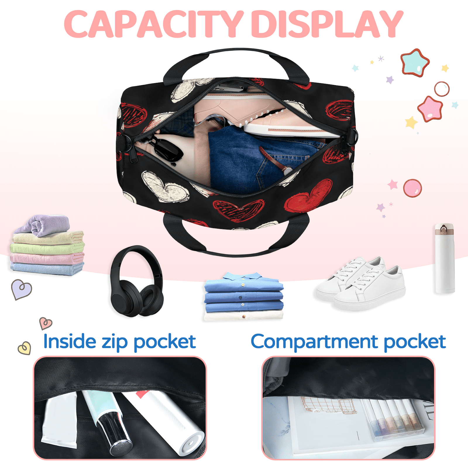 Herdesigns Black Red Hearts Gym Bag for Women, Duffle Bag for Travel Sport, Hearts Romantic Lightweight Waterproof Carry on Weekender Dance Yoga Workout Bags