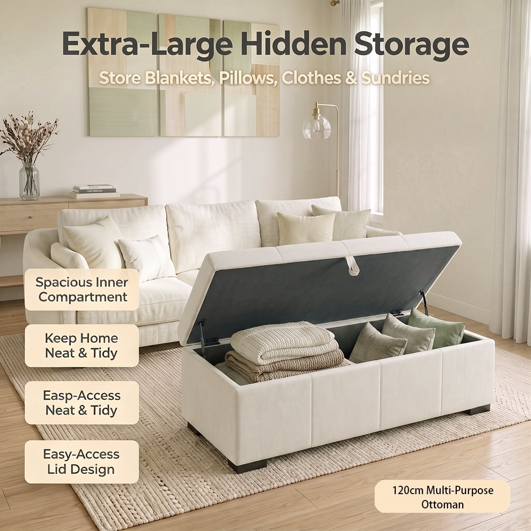 Modern Bed End Bench 47.2 Inch, Upholstered Storage Ottoman for Bedroom and Living Room, Rectangular Storage Bench for Entryway and Office, Beige