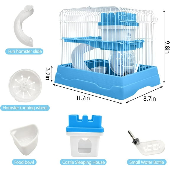 2-Tier Dwarf Hamster Cage with Castle House, Running Wheel & Accessories - Portable Small Animal Habitat