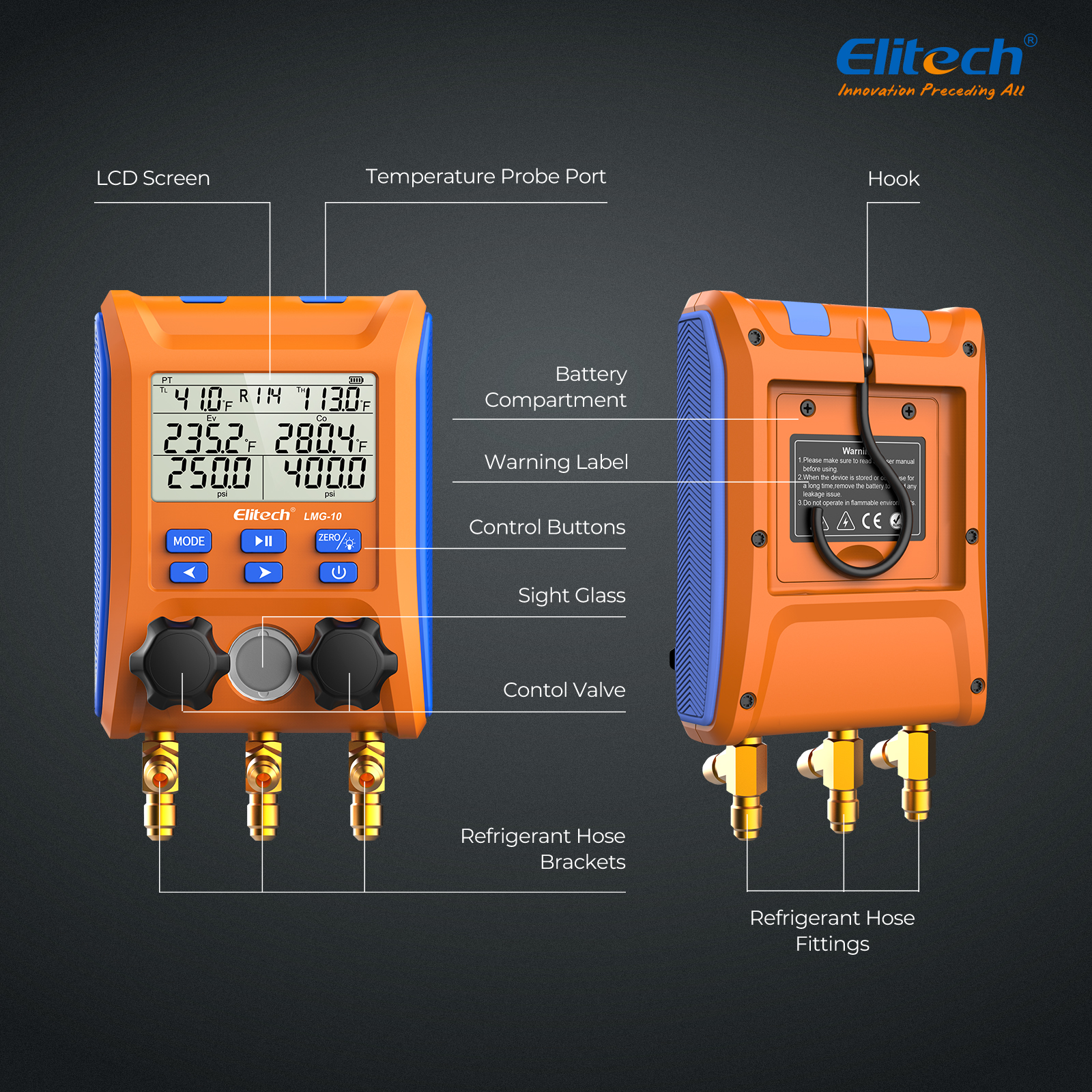 Elitech Digital Manifold Gauge 2-Way Valve with Thermometer Clamps for HVAC Systems, LMG-10Plus