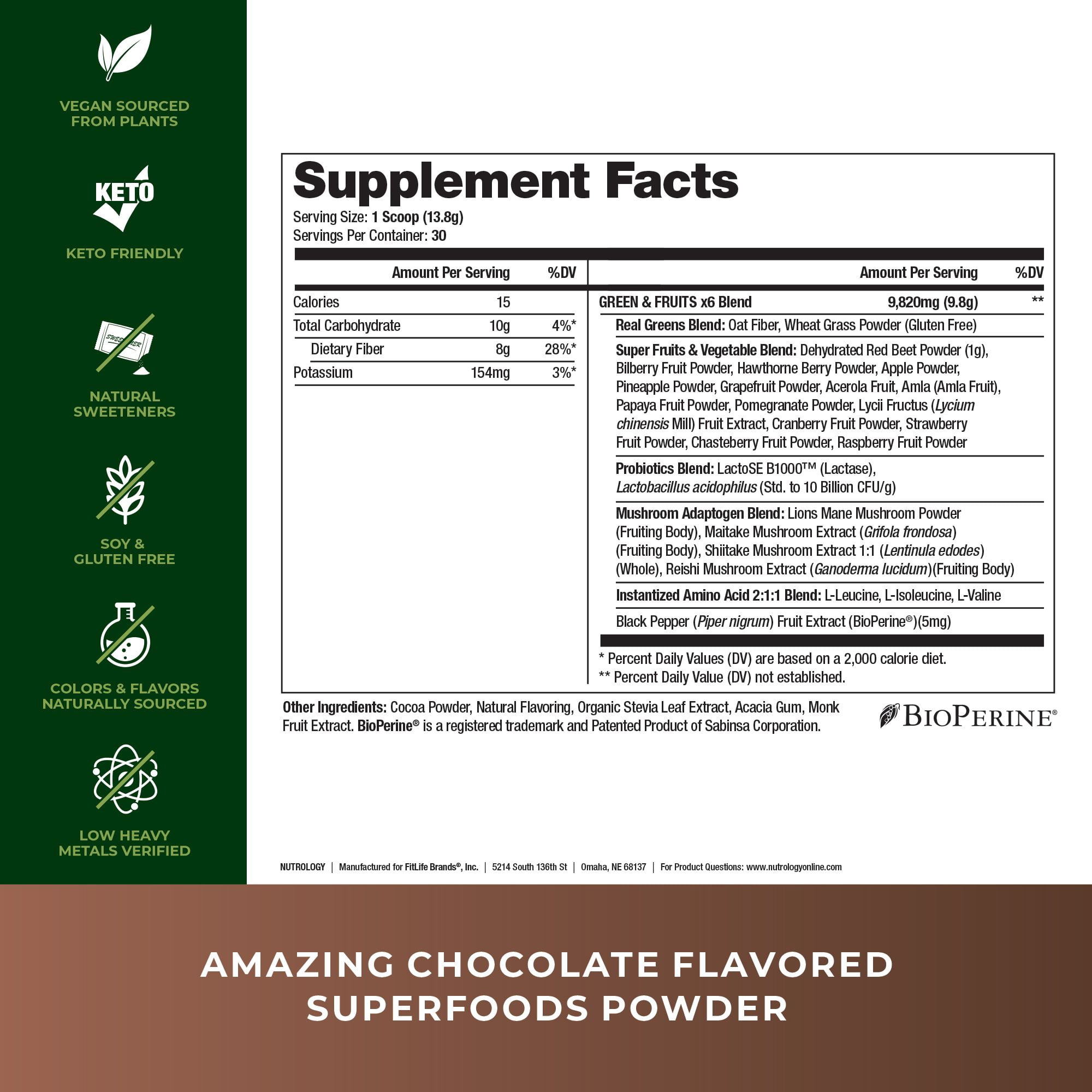 Nutrology's Greens & Fruits-Naturally Sourced Fruits, Vegetables, Greens, Beet Powder & Mushroom Blend-Probiotics, Digestive Enzymes, Fiber, Antioxidants, Immune Support - Chocolate Taste-30 Servings