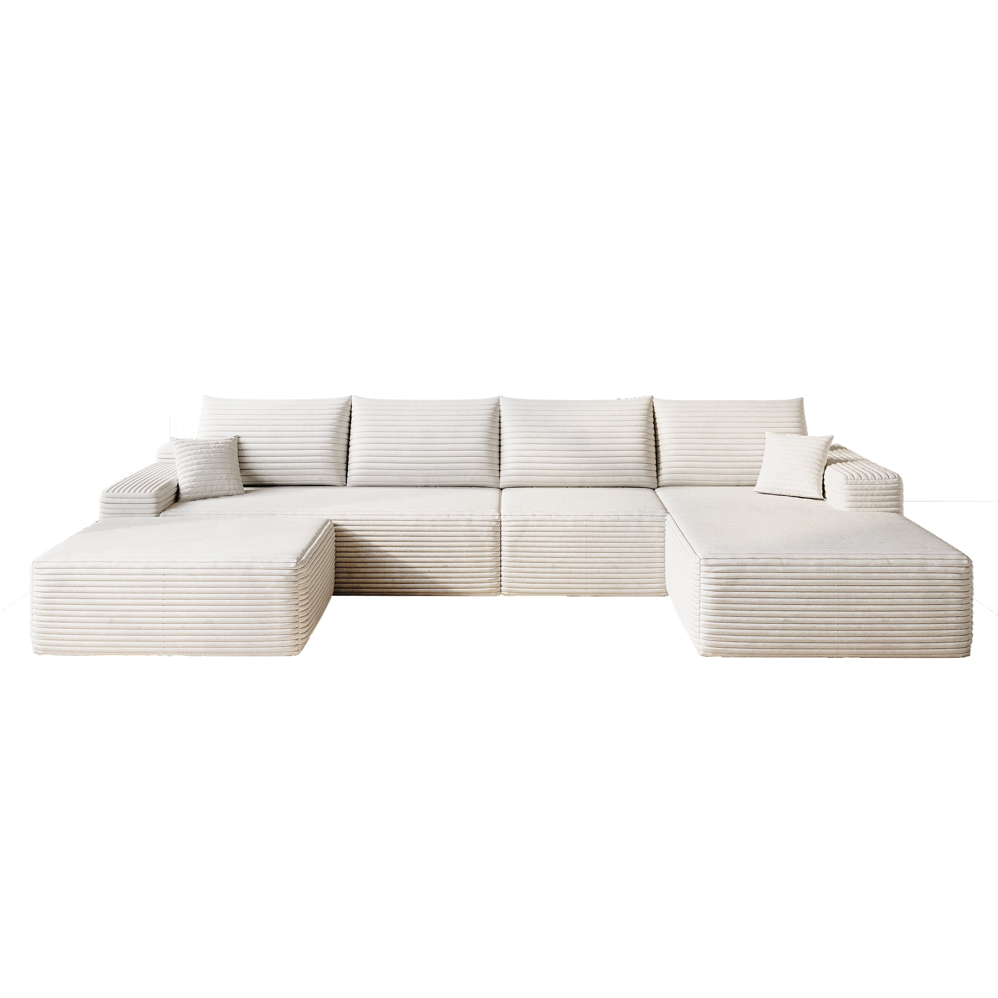 MAYEERTY 135" Cloud Sectional Sofa with 1 Ottoman, Modern Minimalist U-Shaped Deep Seat Couch, No Assembly Plush Corduroy Fabric, White (4 packages)