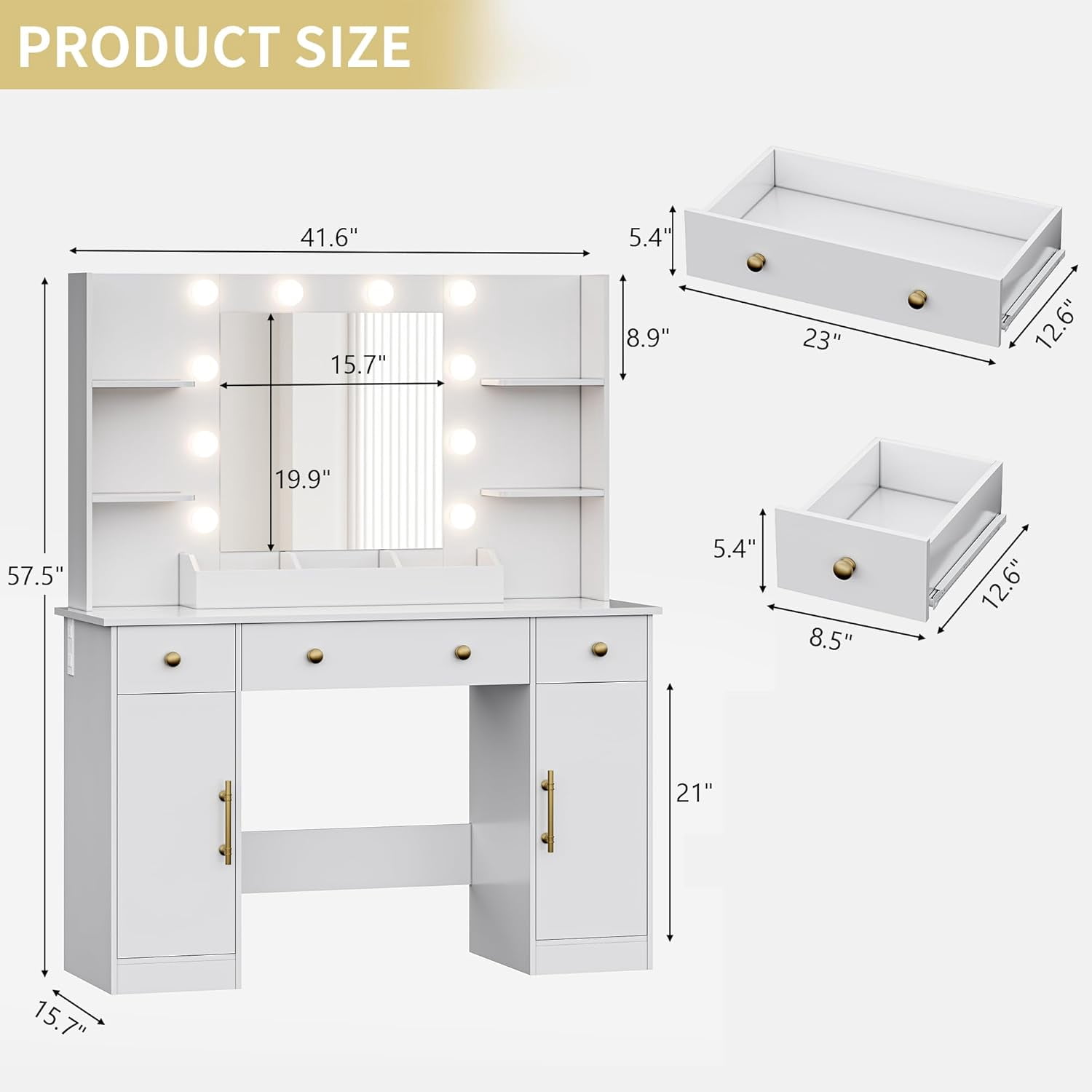 FANRAL 43'' Vanity Desk with 10 LED Lights,Under-Table RGB Strip & Built-in Power Station,Multi-Storage Makeup Table for Bedroom Bathroom Grooming,White Vanity