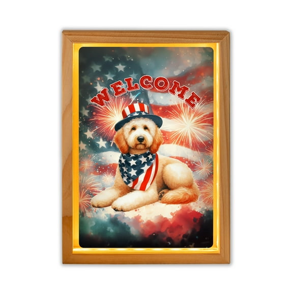 Goldendoodle Patriotic Welcome for 4Th of July Independence Day Acrylic Plaque with Wood Photo Frame Box Doodle Dog Lover Gifts Idea Light Box - 00010