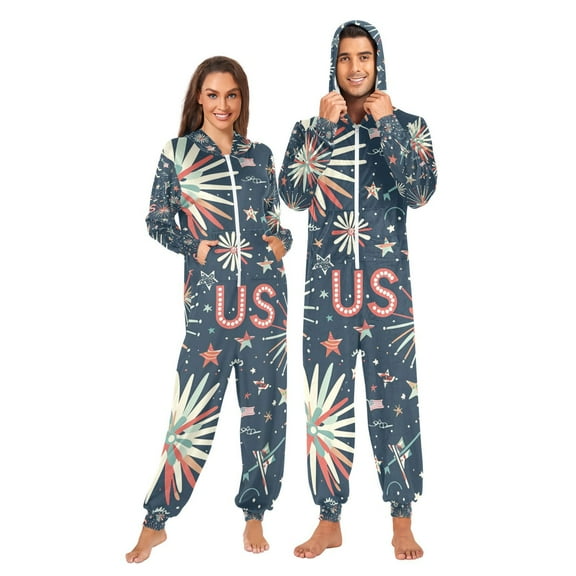 Fireworks and Stars Us Adult Onesie Pajamas Slim Fit Christmas One Piece Suit Pjs for Women and Men Hooded Zipper