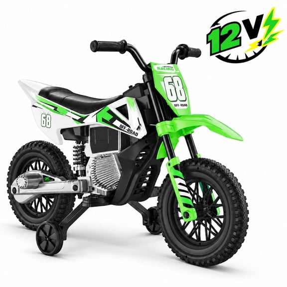 12V Kids Ride-On Motorcycle with Training Wheels,2×25W Motors, Throttle Grip, Spring Suspension, Bluetooth & Music, Electric Dirt Bike for Ages 3-8,Green