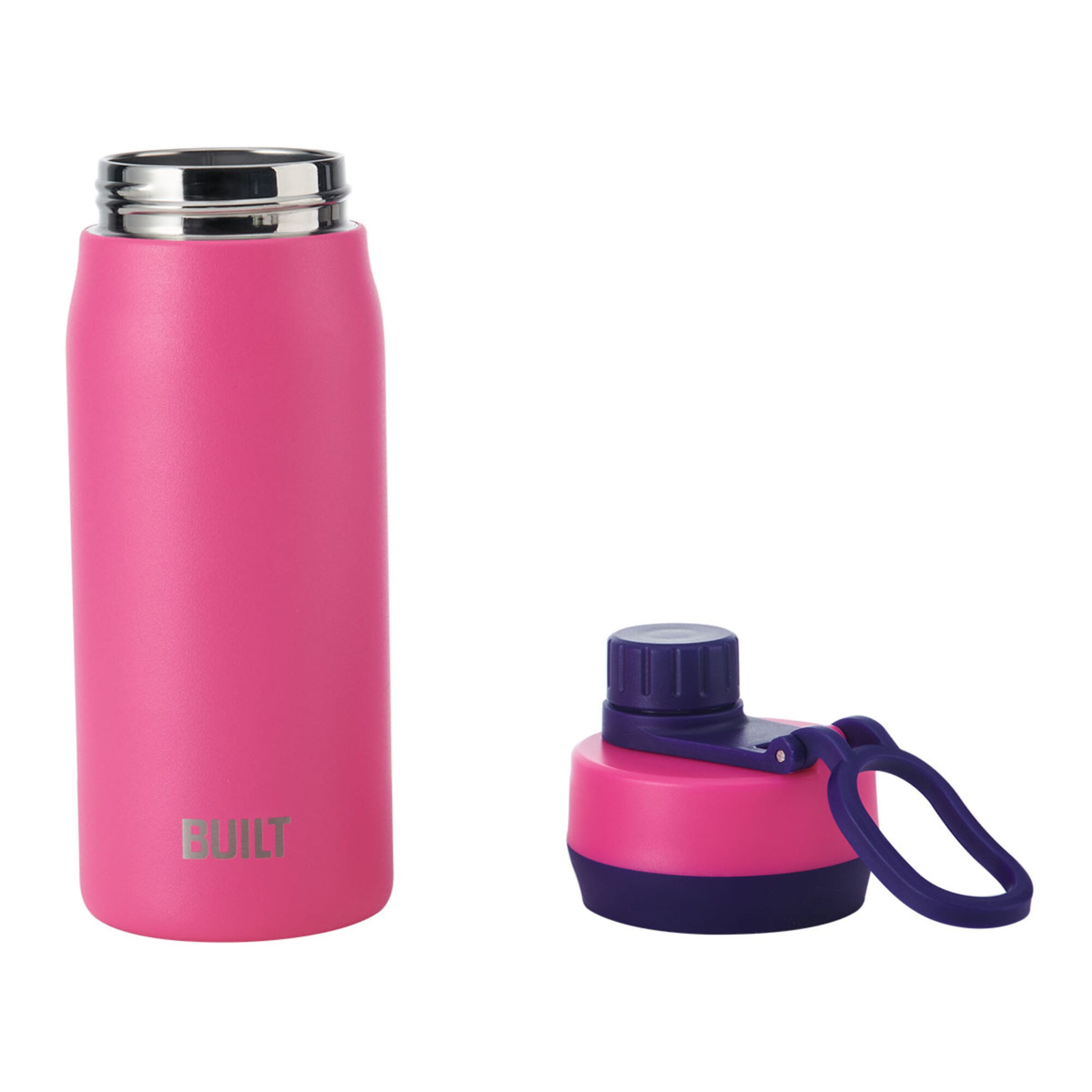 (3 pack) BUILT Cascade 16 oz Stainless Steel Kids Water Bottle with Leakproof Flip-Top Chug Lid, Pink