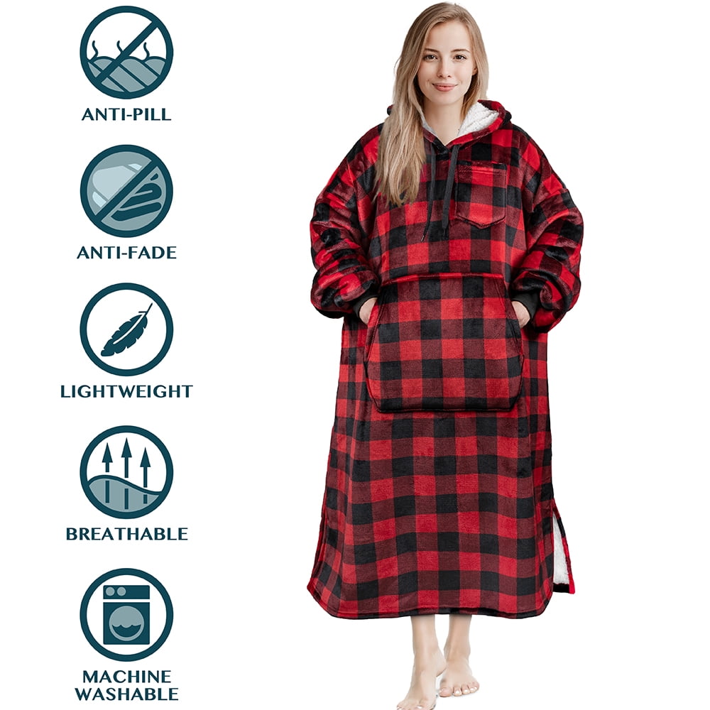 PAVILIA Blanket Hoodie for Women Red, Sherpa Wearable Blanket Men, Cozy Oversized Sweatshirt Blanket, Warm Fleece Hooded Blanket Sweater with Sleeves and Giant Pocket, Adult Long, Checker Red