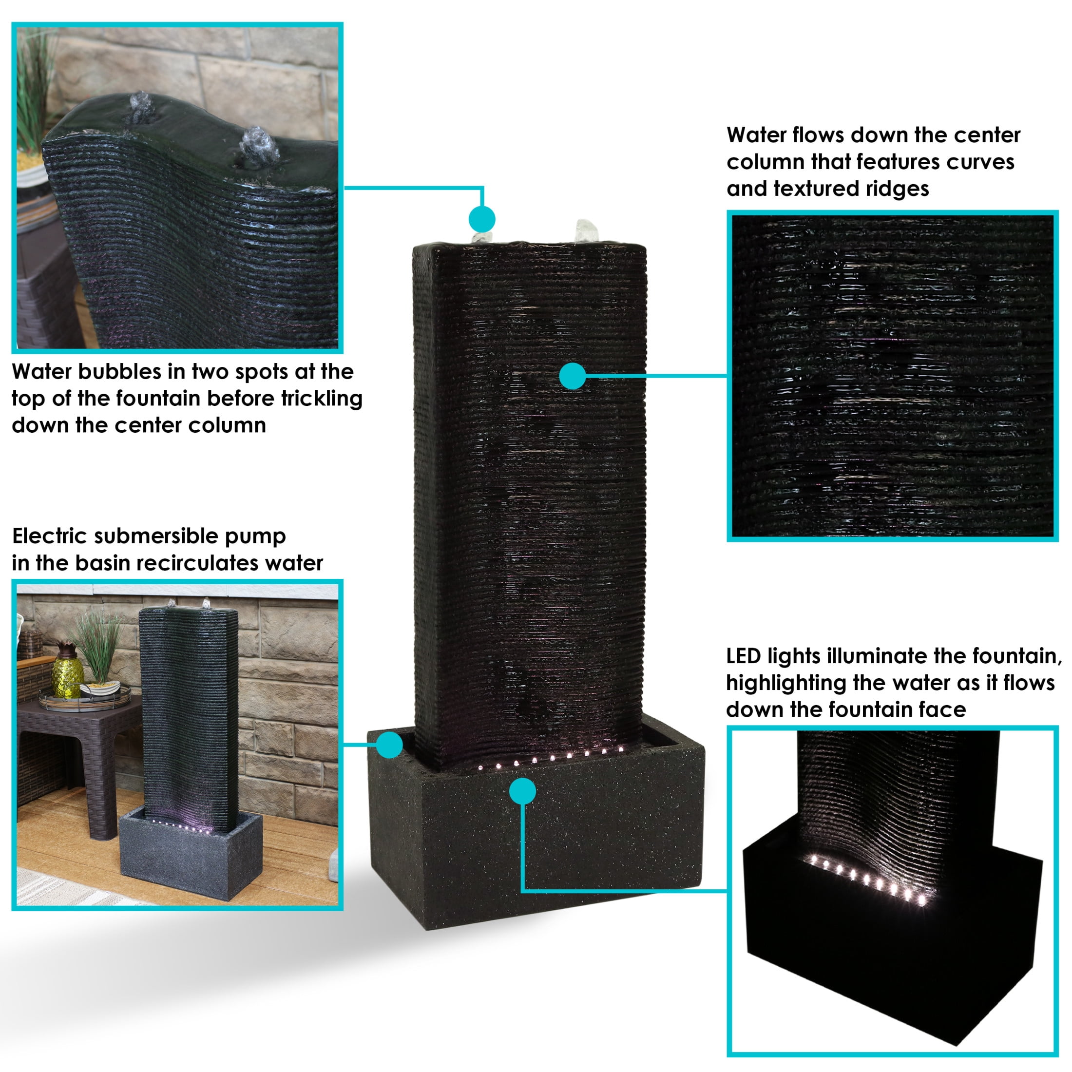 Sunnydaze Rippling Tower Polyresin Outdoor Water Fountain with Lights