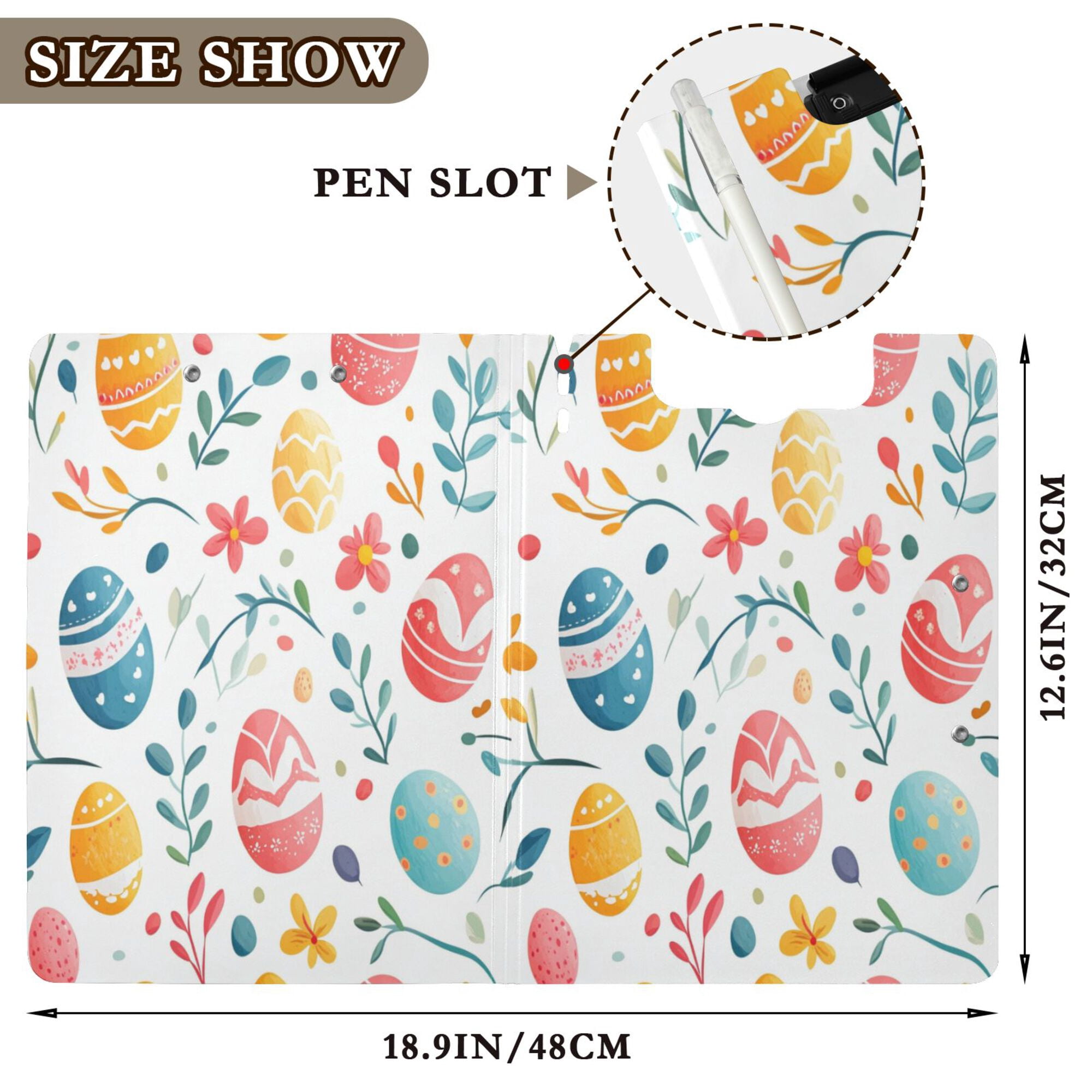 FORMRS A4 Clipboard Folder with Pen Holder Horizontal Foldable School Office Binder, Cute Easter Eggs