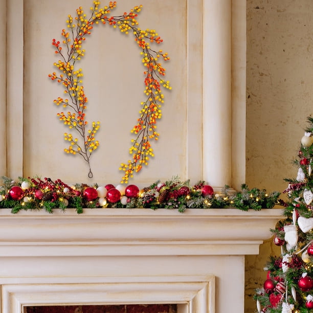 Tallos de bayas amarillas artificiales, 1,9 m, decoración navideña para el hogar, ramas de acebo para árbol de Navidad, boda, vacaciones, decoración del hogar