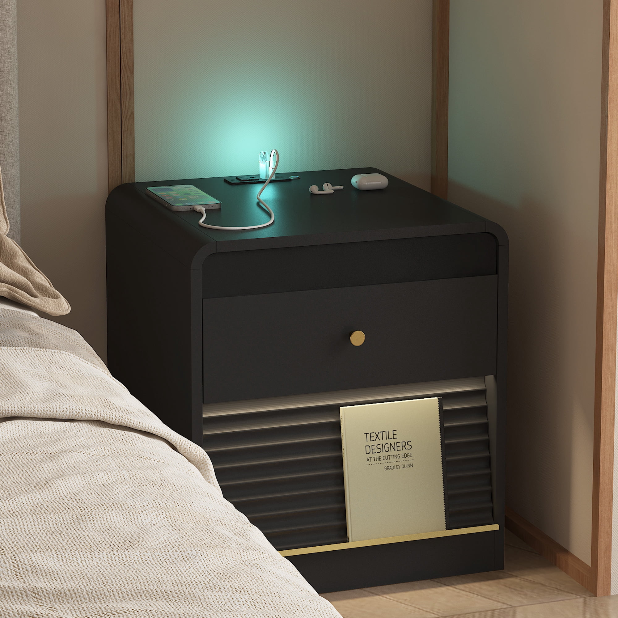 Nightstand with 2 Drawers,Smart Nightstand Bedside Tables with Night Light,Modern End Table for Bedroom,Living Room,Black
