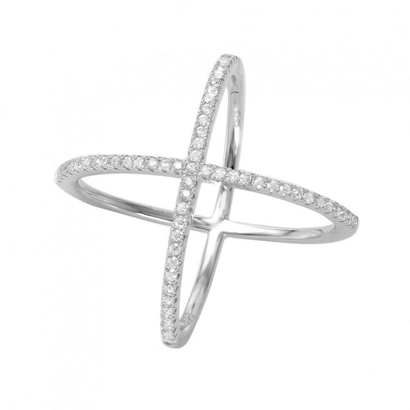 Rhodium Plated Sterling Silver 925 4 Way Clear CZ Criss Cross Ring White Jewelry Female Size 5