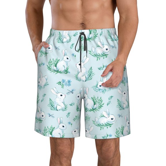 Yiaed Rabbit And Dragonfly Print Men's Swim Trunks with Lining Quick Dry Sports Shorts Beach Shorts Boardshorts-Large