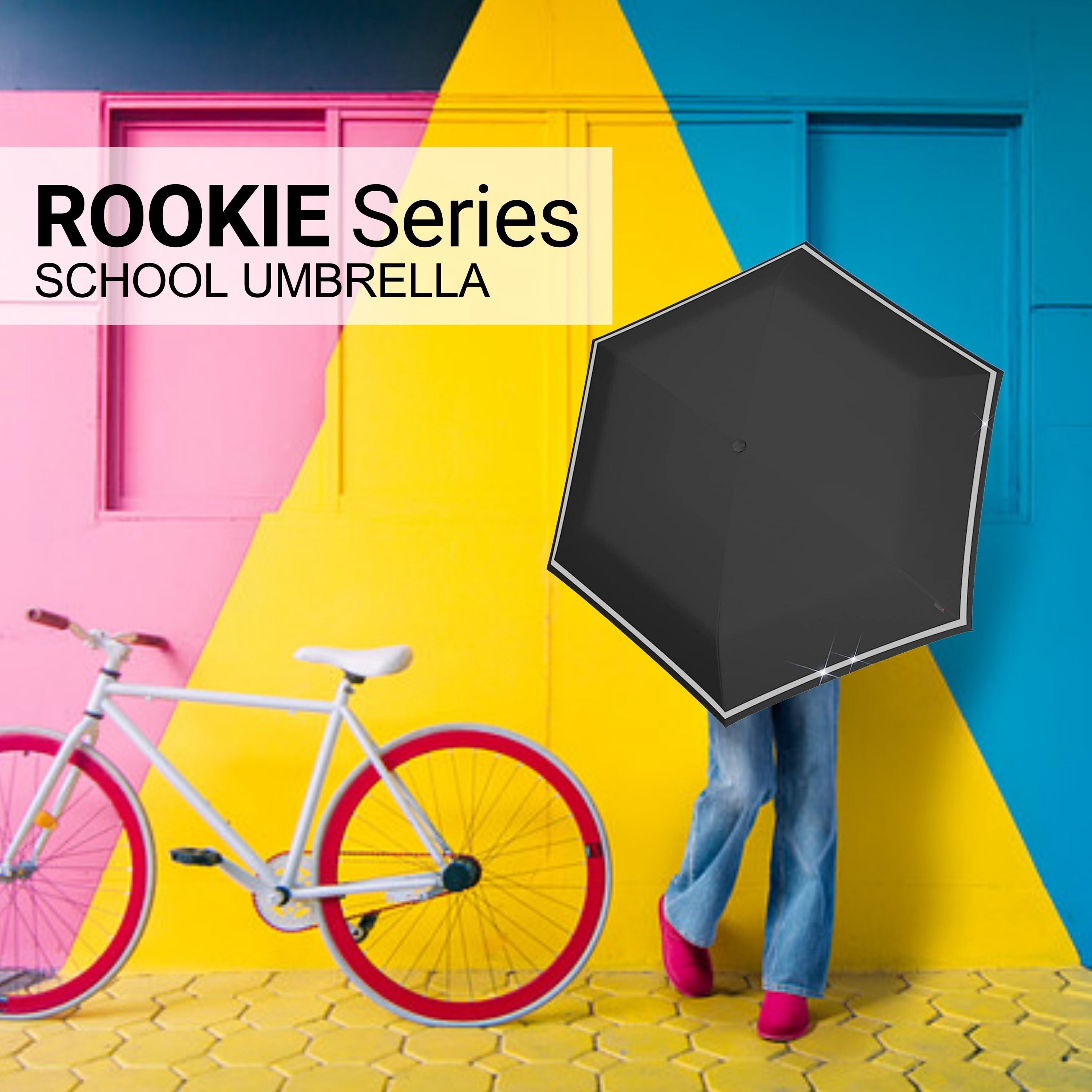 Knirps Black Rookie Manual Rain Umbrella for Elementary and Middle School Kids – 35.4" Canopy with Reflective Safety Stripe, Lightweight Design, Wind Tunnel Tested, Carrying Case Included