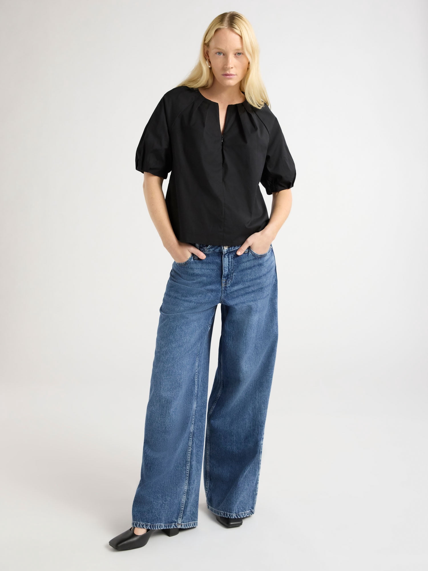 Scoop Women's Cotton Poplin Pleated Zip Front Top, Sizes XS-XL